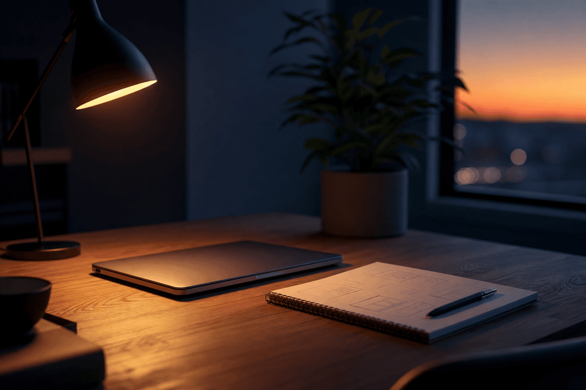 A founder's workspace at dusk